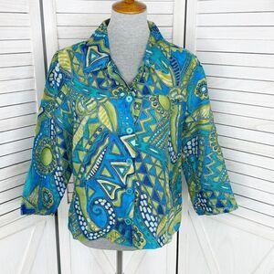 Toni Morgan Abstract Art Button Up‎ Shirt Blue Green Large Linen Blend